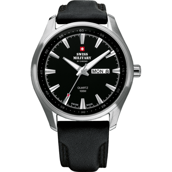Swiss Military by Chrono Swiss Military by Chrono SM34027.05  SM34027.05 кварцевые мужские часы черный циферблат, браслет кожа + текстиль — вид спереди