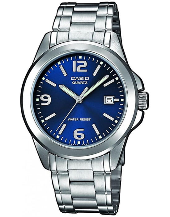 Casio Casio MTP-1259PD-2A  MTP-1259PD-2A кварцевые мужские часы синий циферблат, браслет нержавеющая сталь — вид спереди