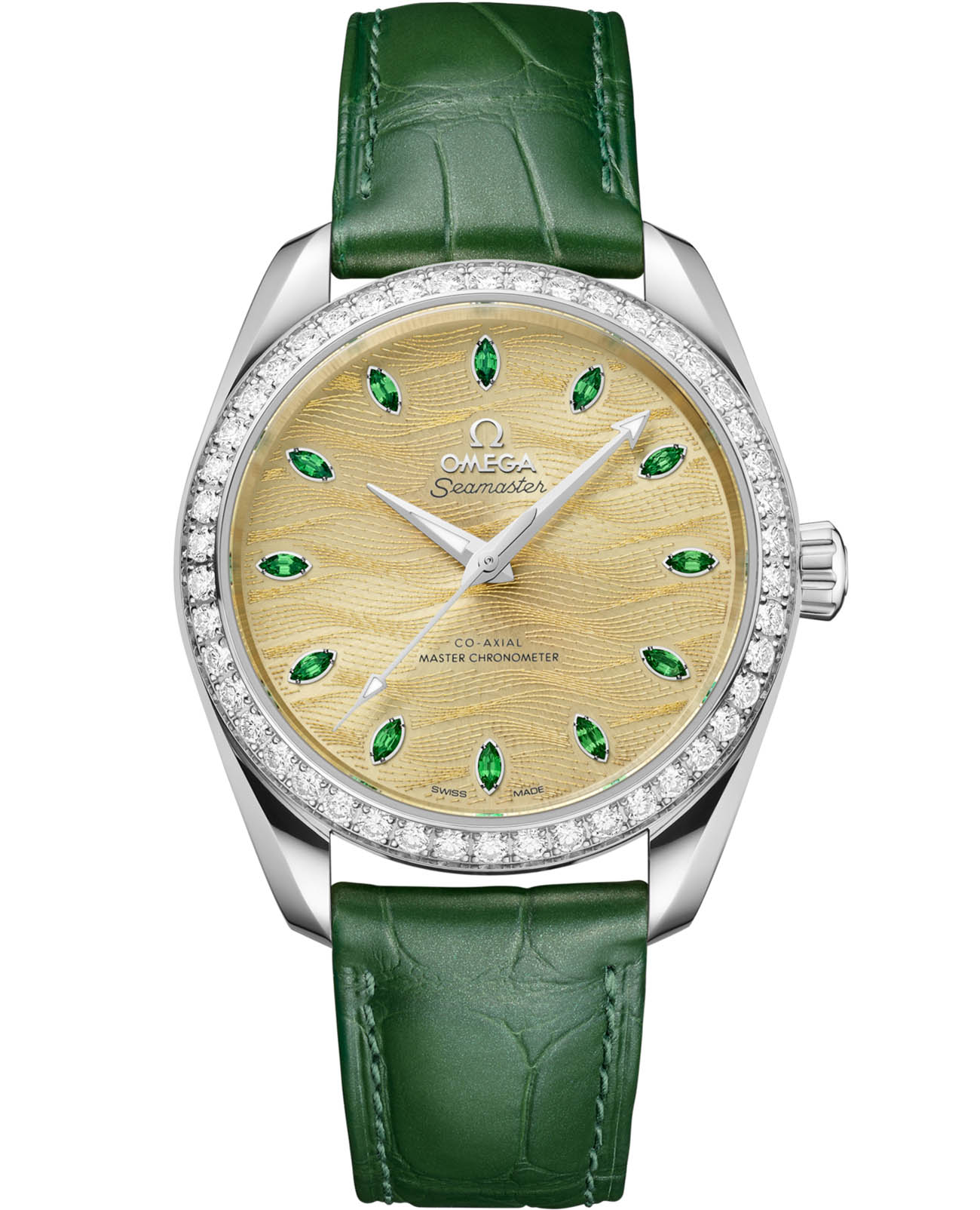 Omega Omega Seamaster Aqua Terra 220.58.38.20.99.008 Aqua Terra 22058382099008 механические женские часы золотой циферблат, браслет кожаный — вид спереди