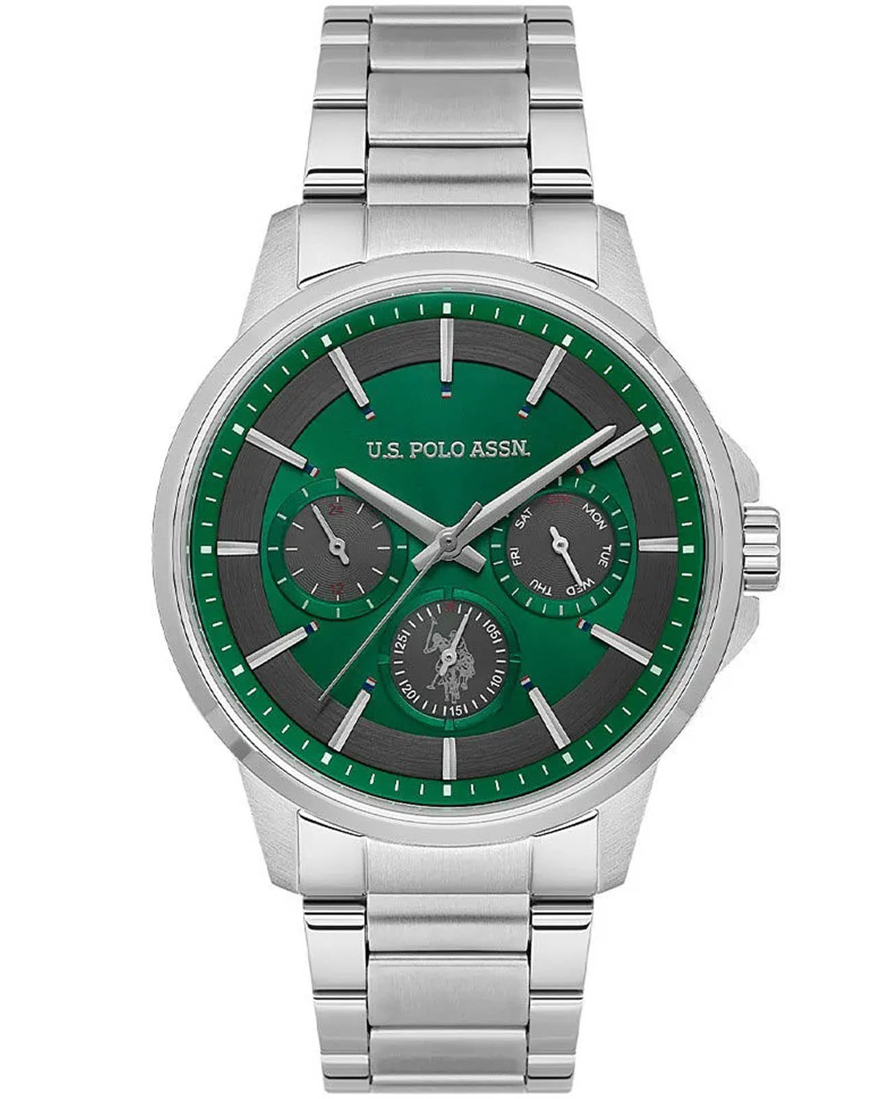 U.S. Polo Assn. U.S. Polo Assn. Crossing USPA1000B-05  USPA1000B-05 кварцевые мужские часы зеленый циферблат, браслет нержавеющая сталь — вид спереди