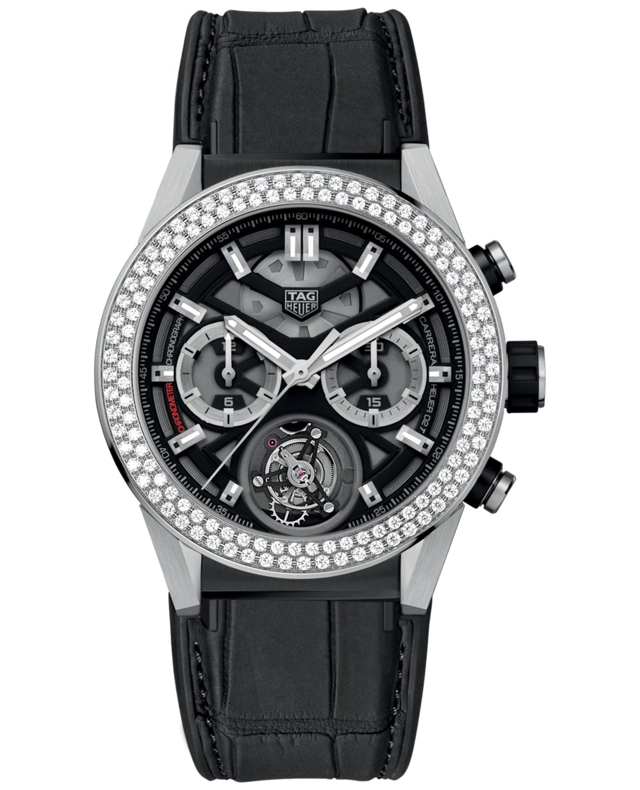 TAG Heuer TAG Heuer Carrera CAR5A80.FC6377  CAR5A80.FC6377 механические мужские часы черный циферблат, браслет кожа + каучук — вид спереди