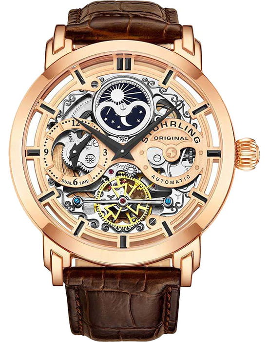 Stuhrling Stuhrling Legacy 3924.3  3924.3 механические мужские часы золотой циферблат, браслет кожаный — вид спереди