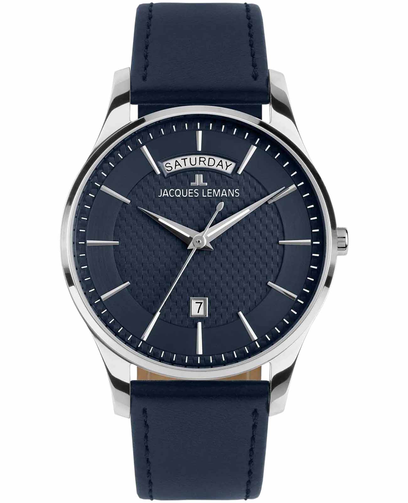 Jacques Lemans Jacques Lemans London 1-2193C  1-2193C кварцевые мужские часы синий циферблат, браслет кожаный — вид спереди