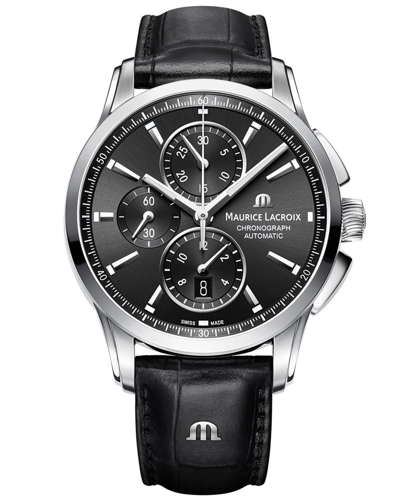 Maurice Lacroix Maurice Lacroix Pontos Chronograph PT6388-SS001-330-1  PT6388-SS001-330-1 механические мужские часы серебристый циферблат, браслет кожаный — вид спереди