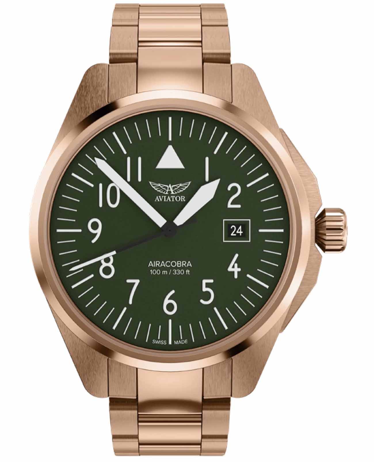 Aviator Aviator Airacobra V.1.38.2.319.5  V.1.38.2.319.5 кварцевые мужские часы зеленый циферблат, браслет нержавеющая сталь с pvd-покрытием — вид спереди