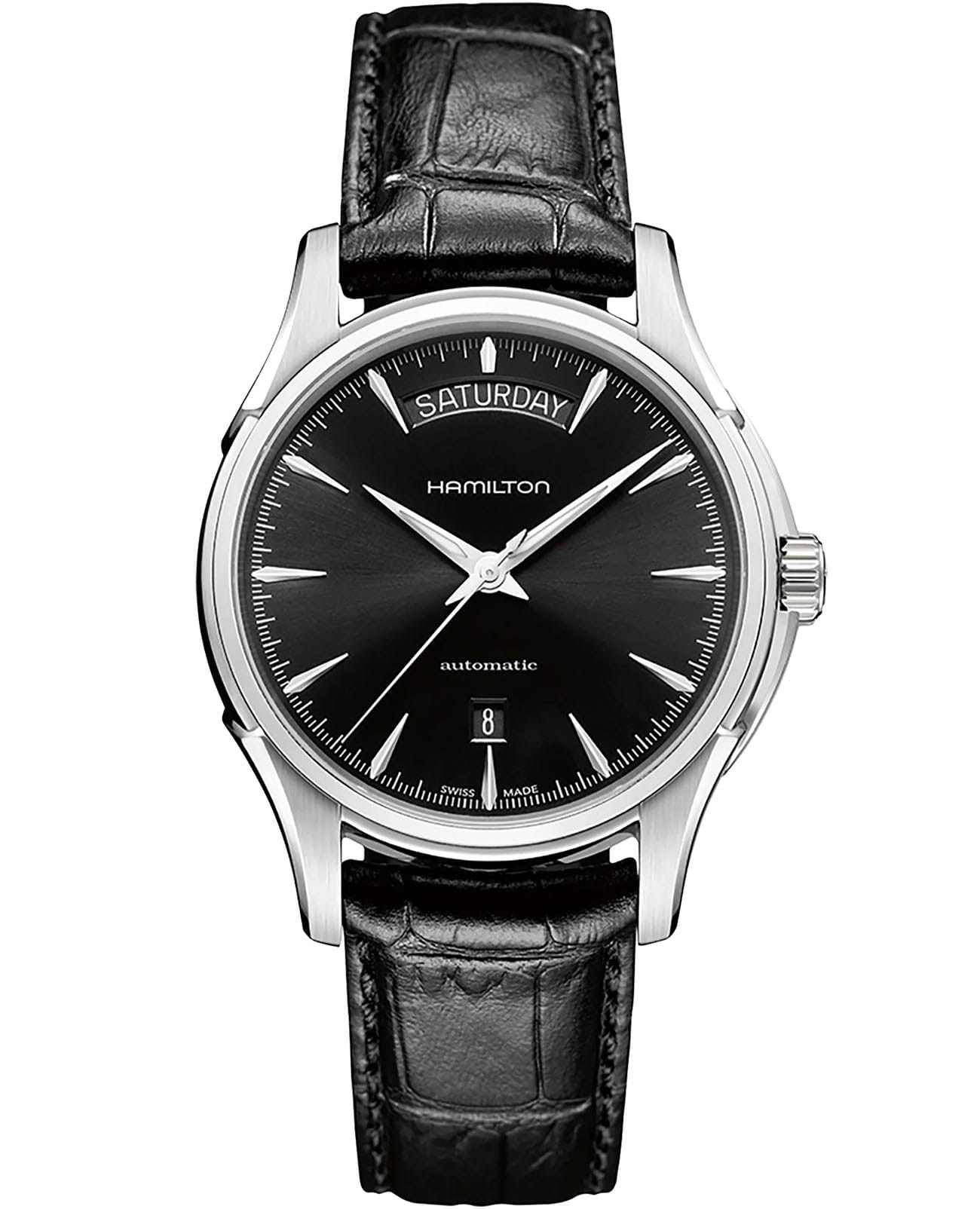 Hamilton Hamilton Jazzmaster Day Date Auto H32505731  H32505731 механические мужские часы черный циферблат, браслет кожаный — вид спереди