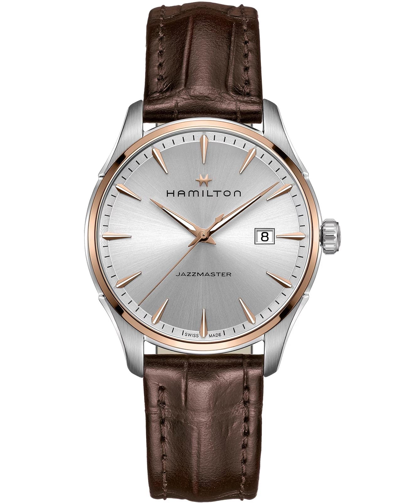 Hamilton Hamilton Jazzmaster Gent Quartz H32441551  H32441551 кварцевые мужские часы серебристый циферблат, браслет кожаный — вид спереди