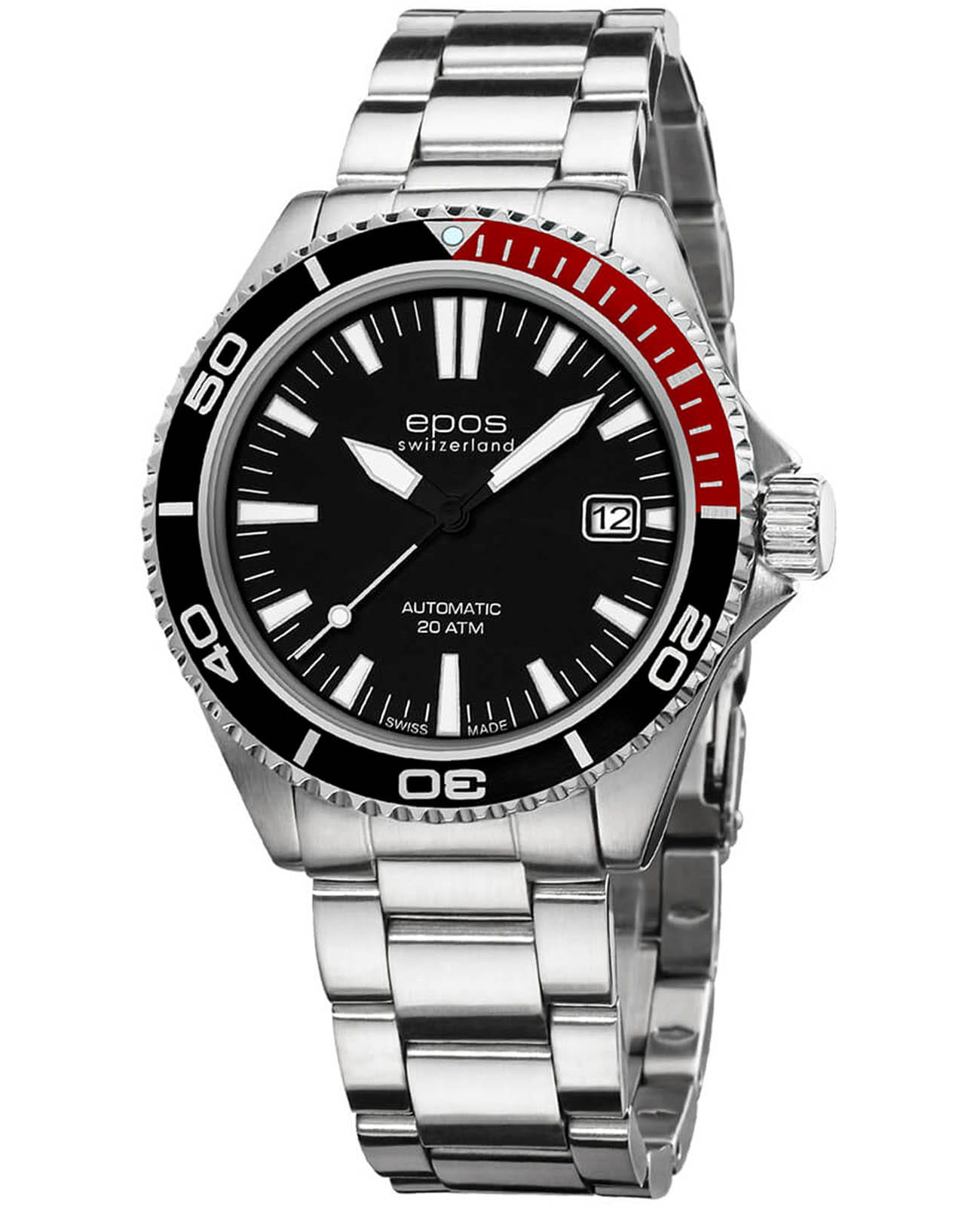 Epos Epos Diver 3438.131.91.15.30  3438.131.91.15.30 механические мужские часы черный циферблат, браслет нержавеющая сталь — вид спереди