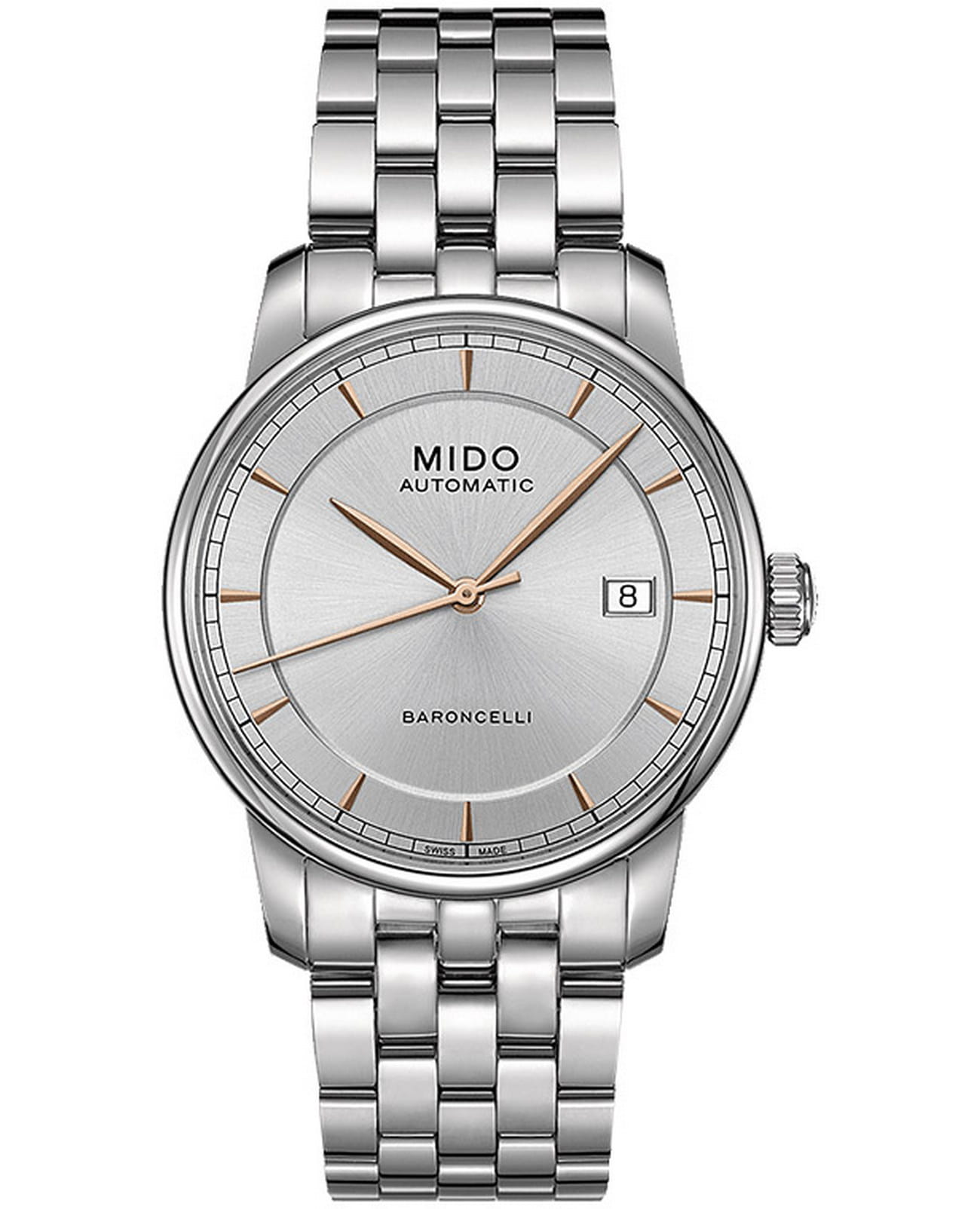 Mido Mido Baroncelli M8600.4.10.1  M86004101 механические мужские часы  циферблат, браслет нержавеющая сталь — вид спереди