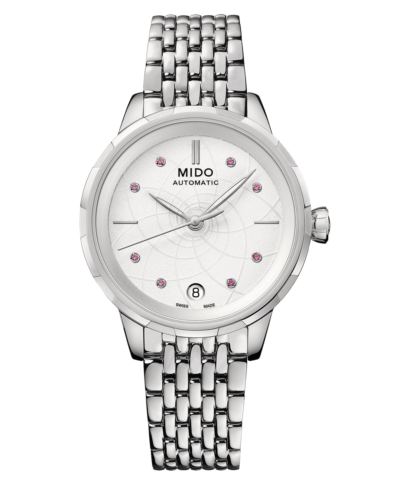 Mido Mido Rainflower M043.207.11.011.00  M0432071101100 механические женские часы белый циферблат, браслет нержавеющая сталь — вид спереди