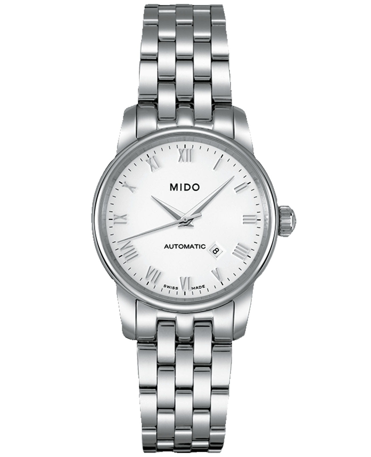 Mido Mido Baroncelli Lady M7600.4.26.1  M76004261 механические женские часы белый циферблат, браслет нержавеющая сталь — вид спереди