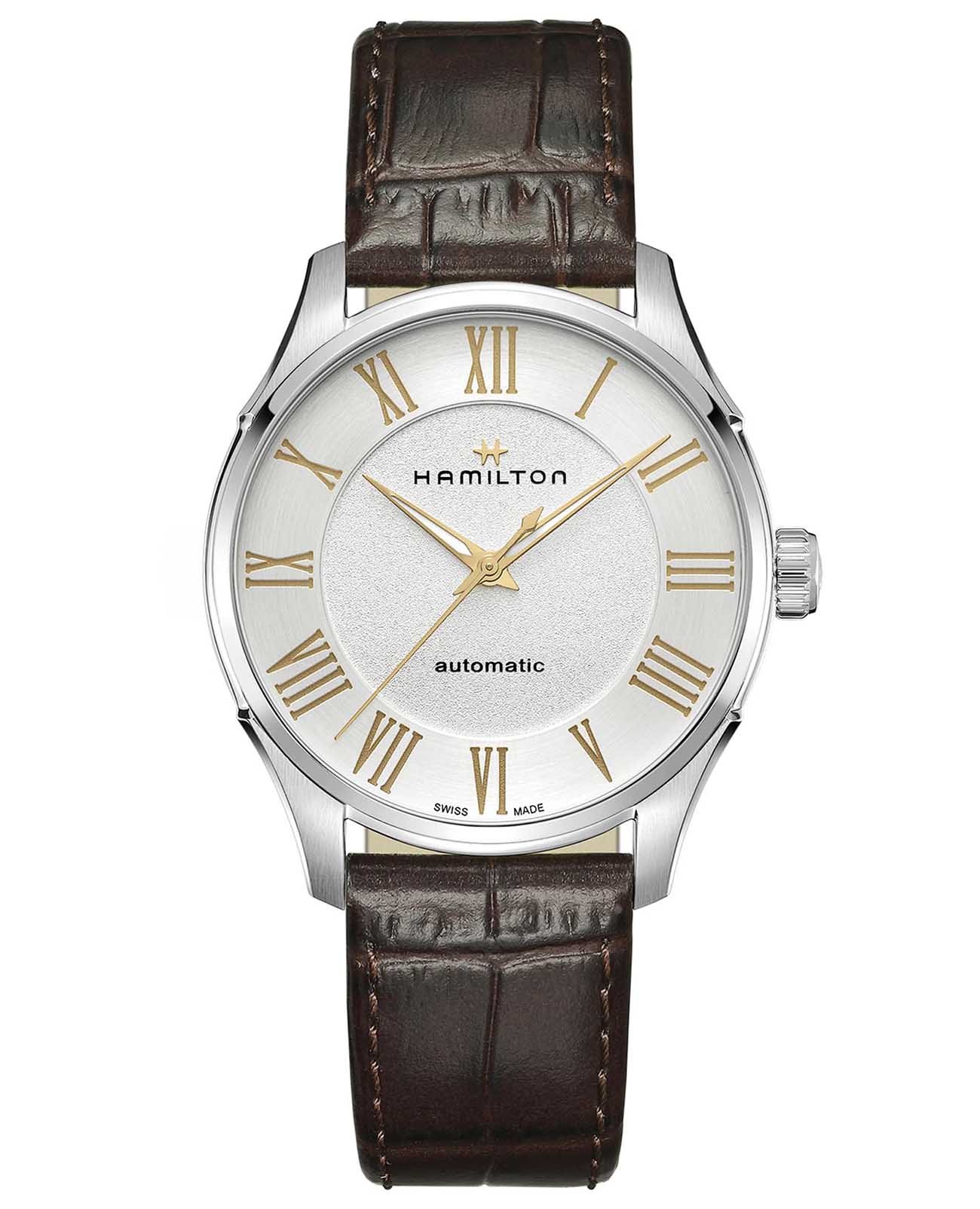 Hamilton Hamilton Jazzmaster Auto H42535550  H42535550 механические мужские часы белый циферблат, браслет кожаный — вид спереди