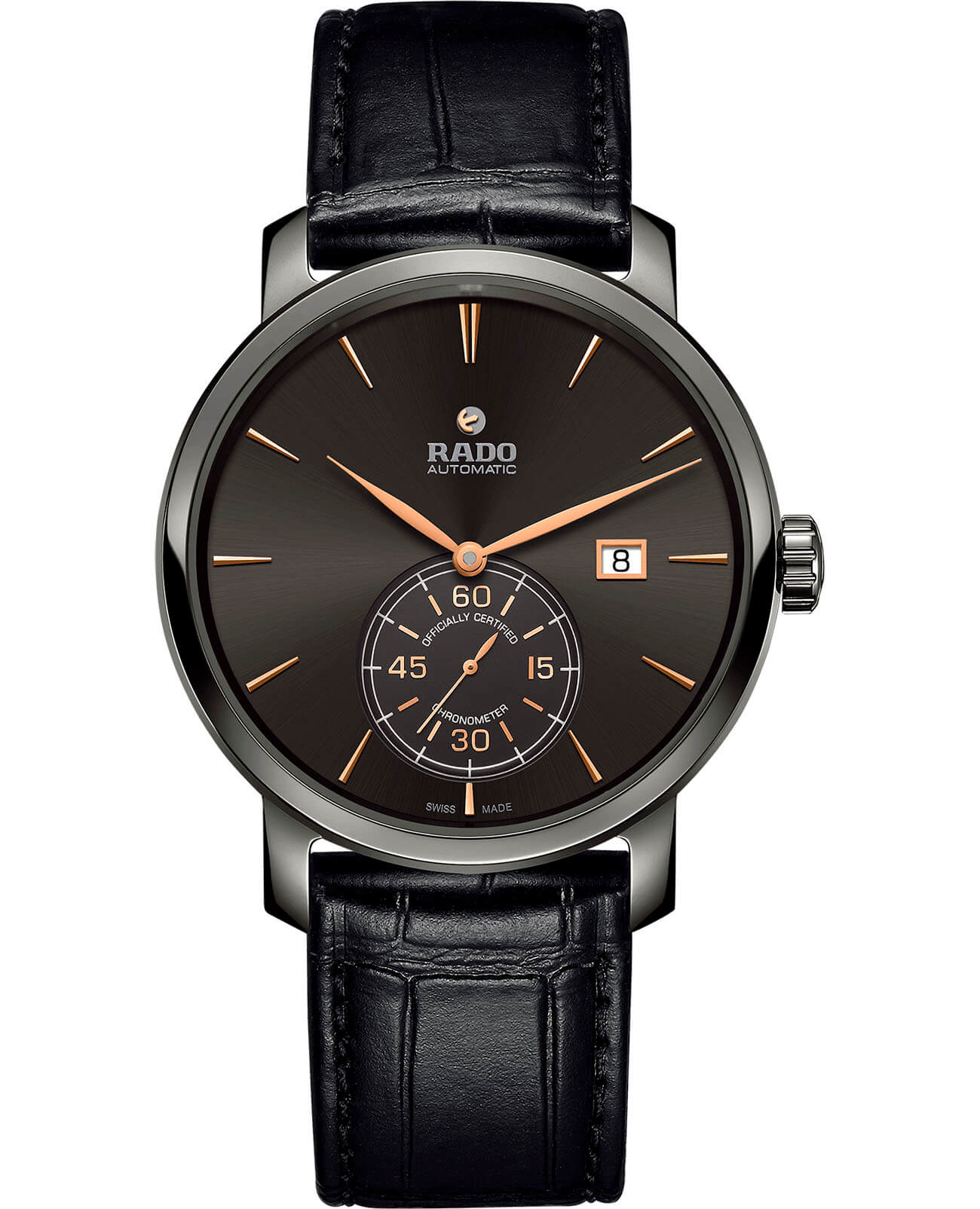Rado Rado Petite Seconde R14053106 Automatic R14053106 механические мужские часы черный циферблат, браслет кожаный — вид спереди