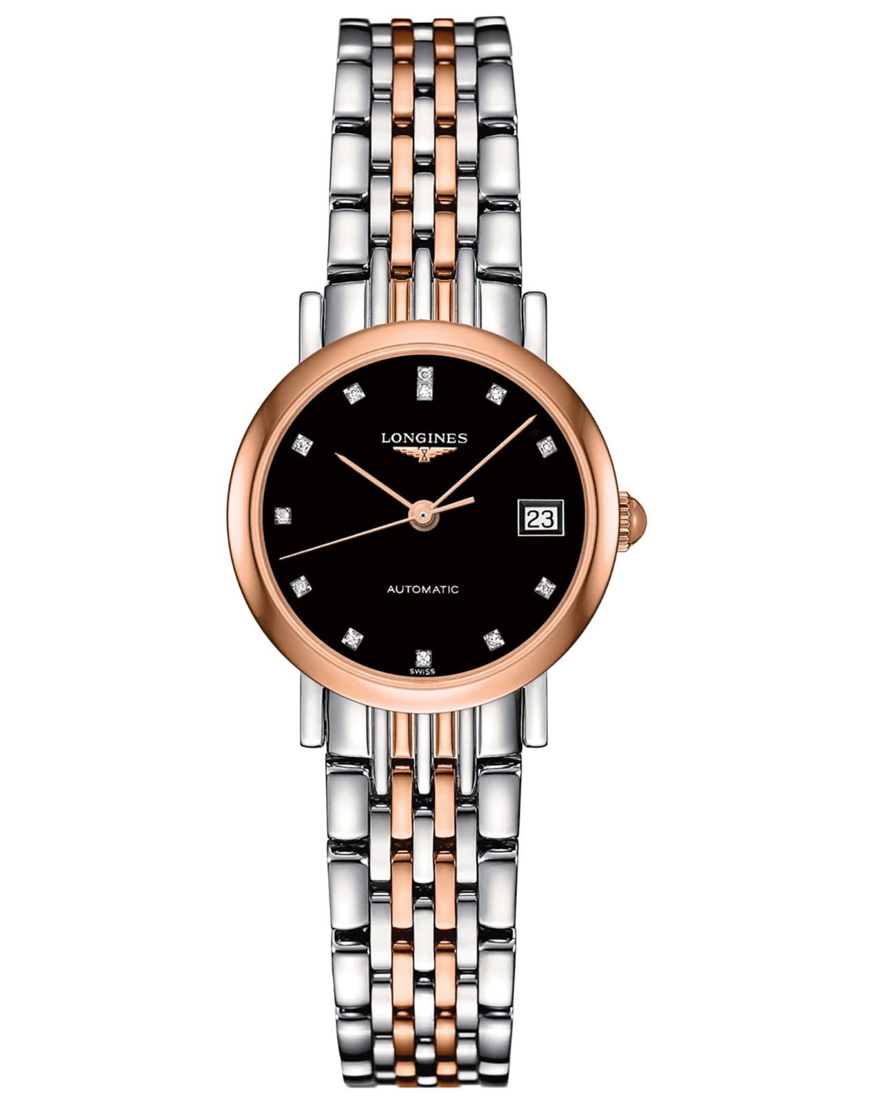 Longines Longines Elegant Collection L4.309.5.57.7  L43095577 механические женские часы черный циферблат, браслет нержавеющая сталь и 18 каратное розовое золото — вид спереди