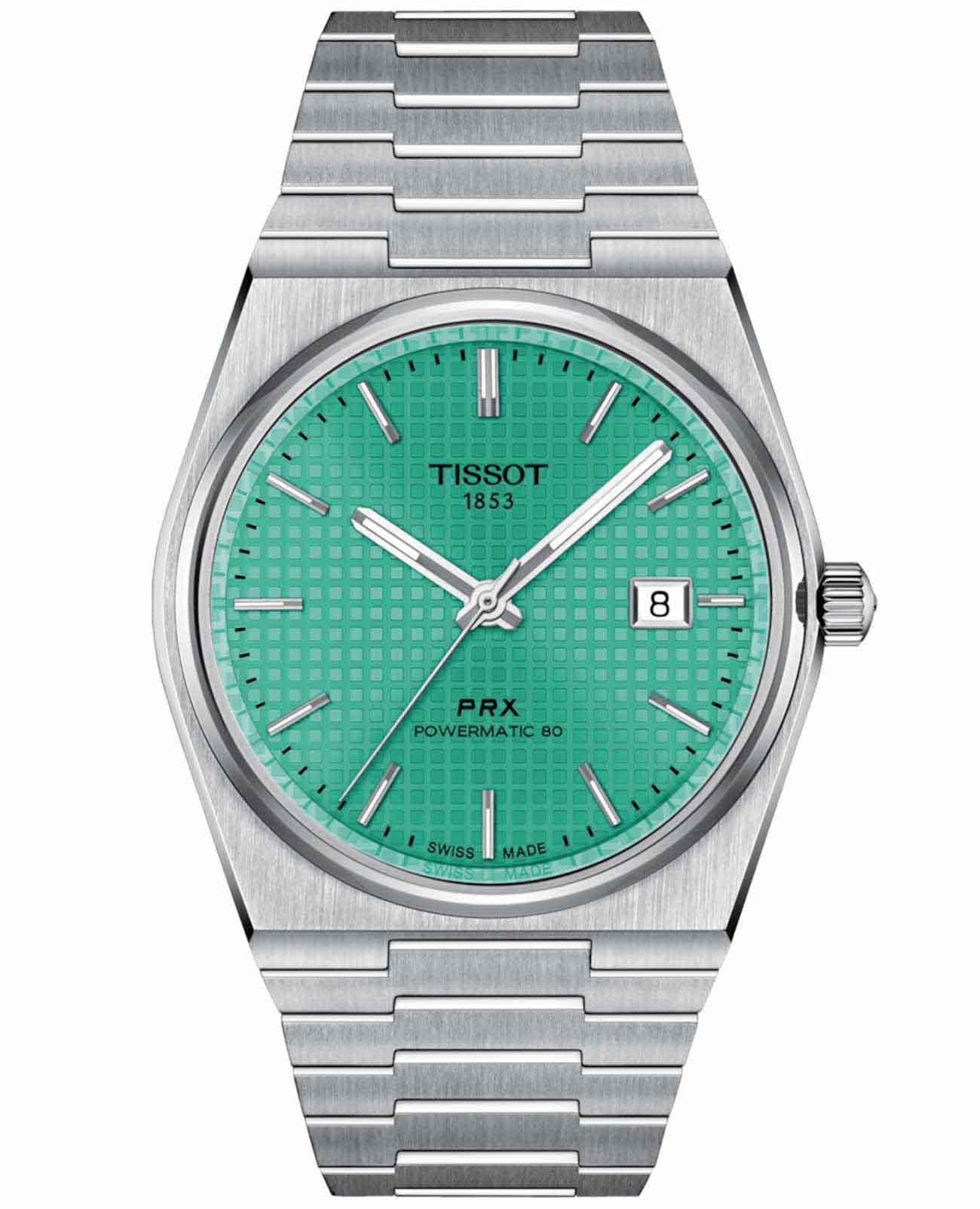 Tissot Tissot PRX Powermatic 80 40 ММ T137.407.11.091.01  T1374071109101 механические мужские часы бирюзовый циферблат, браслет нержавеющая сталь — вид спереди