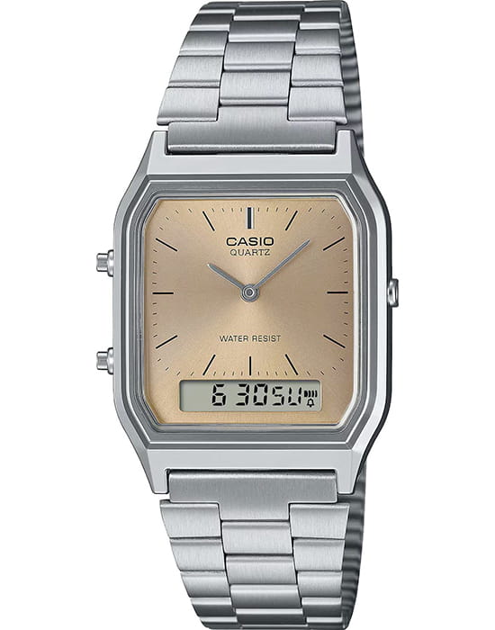 Casio Casio Collection AQ-230A-4A  AQ-230A-4A кварцевые мужские часы оранжевый циферблат, браслет нержавеющая сталь — вид спереди