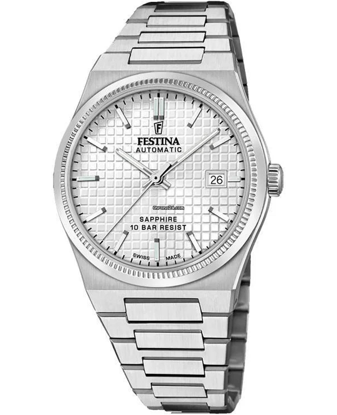 Festina Festina Classics F20028/1  F20028/1 кварцевые мужские часы белый циферблат, браслет нержавеющая сталь — вид спереди