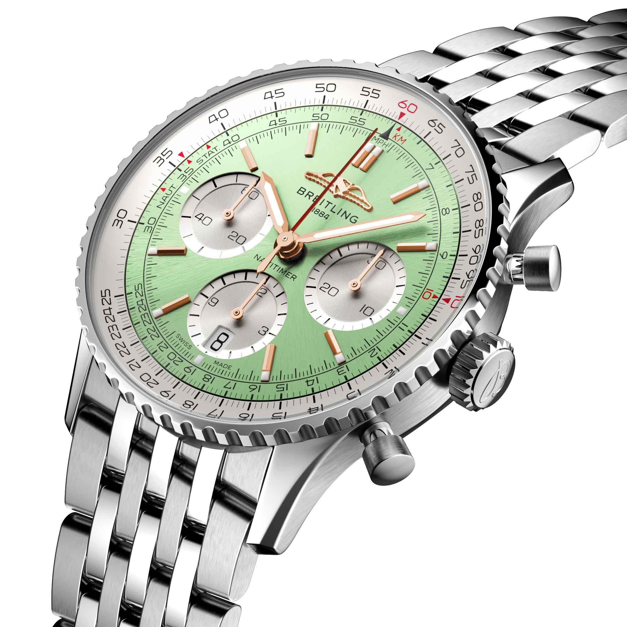 Breitling Breitling Navitimer B01 Chronograph 41 AB0139211L1A1 механические мужские часы часы крупный план зеленый циферблата