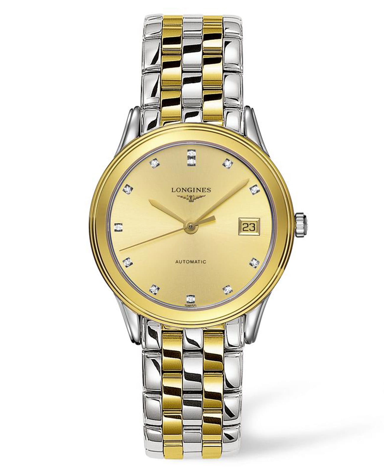 Longines Longines Flagship L4.774.3.37.7  L47743377 механические мужские часы золотой циферблат, браслет сталь c pvd покрытием — вид спереди