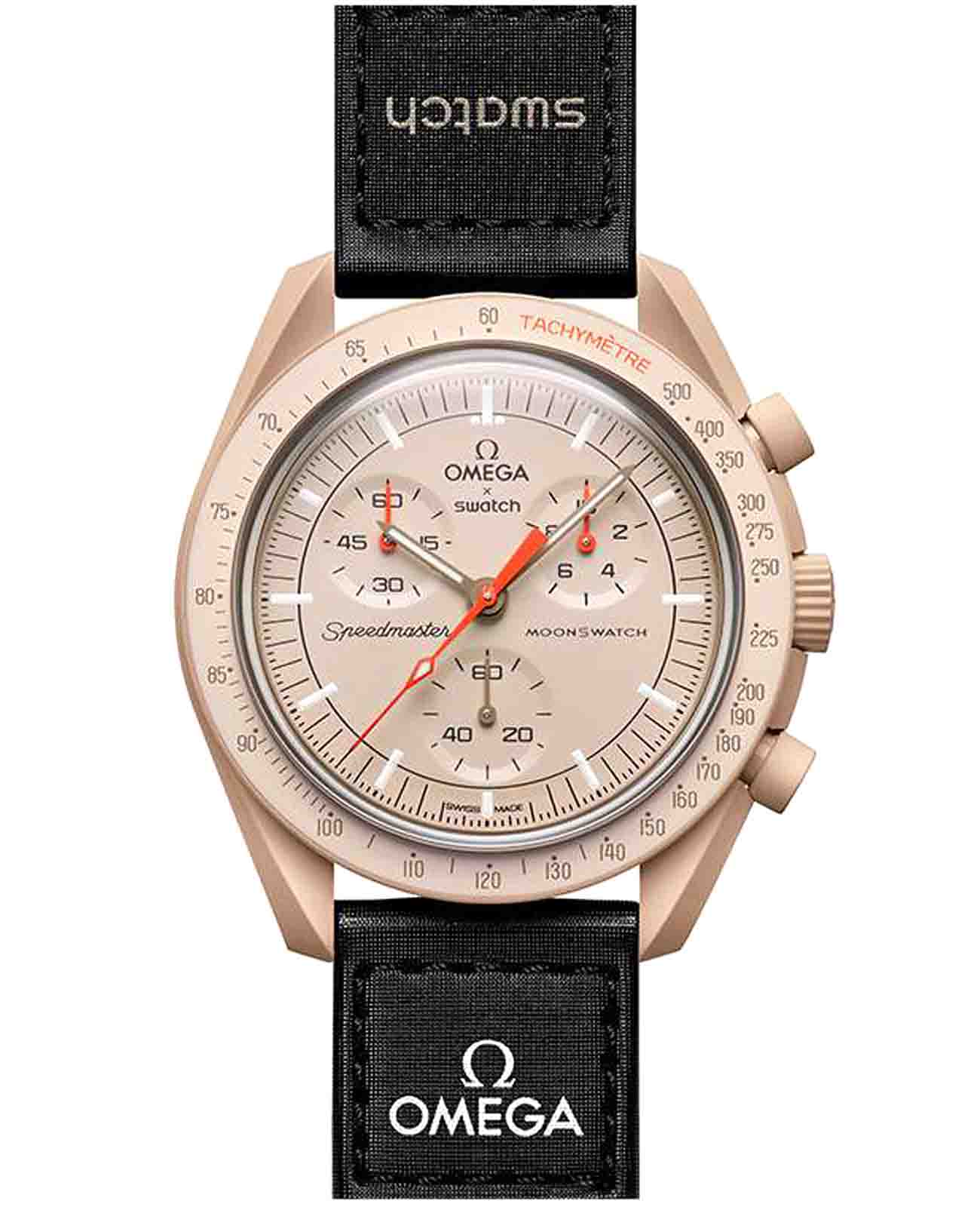 Swatch Swatch x Omega Bioceramic Moonswatch Mission to Jupiter SO33C100  SO33C100 кварцевые мужские часы бежевый циферблат, браслет нейлон — вид спереди