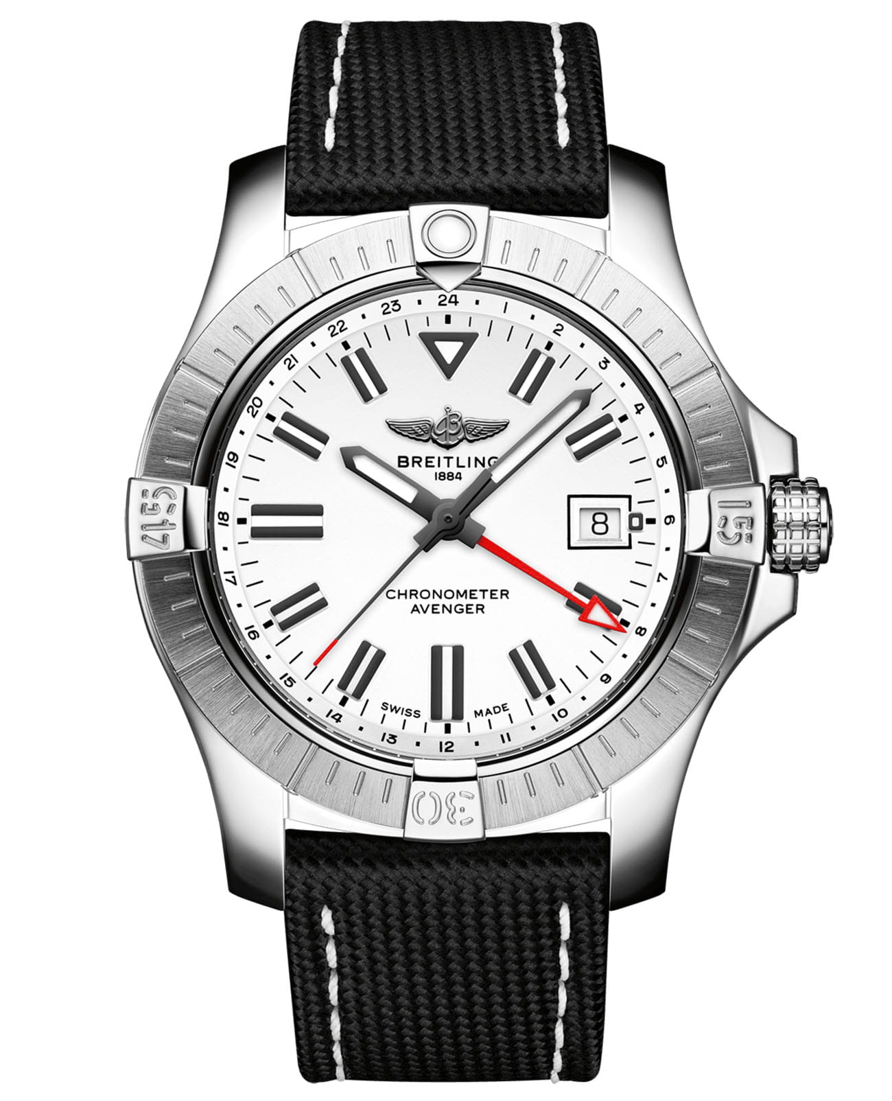 Breitling Breitling Avenger Automatic GMT 43 A32397101A1X2  A32397101A1X2 механические мужские часы белый циферблат, браслет кожа + текстиль — вид спереди