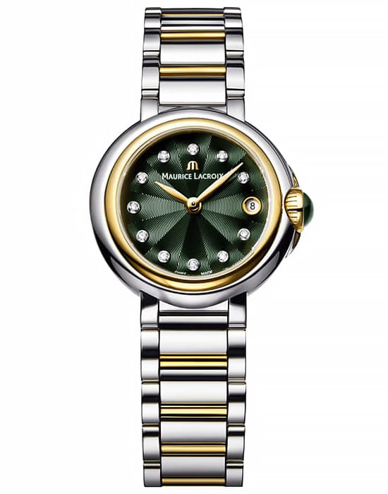 Maurice Lacroix Maurice Lacroix FIABA Date FA1003-PVY13-650-1  FA1003-PVY13-650-1 кварцевые женские часы зеленый циферблат, браслет нержавеющая сталь с pvd-покрытием — вид спереди