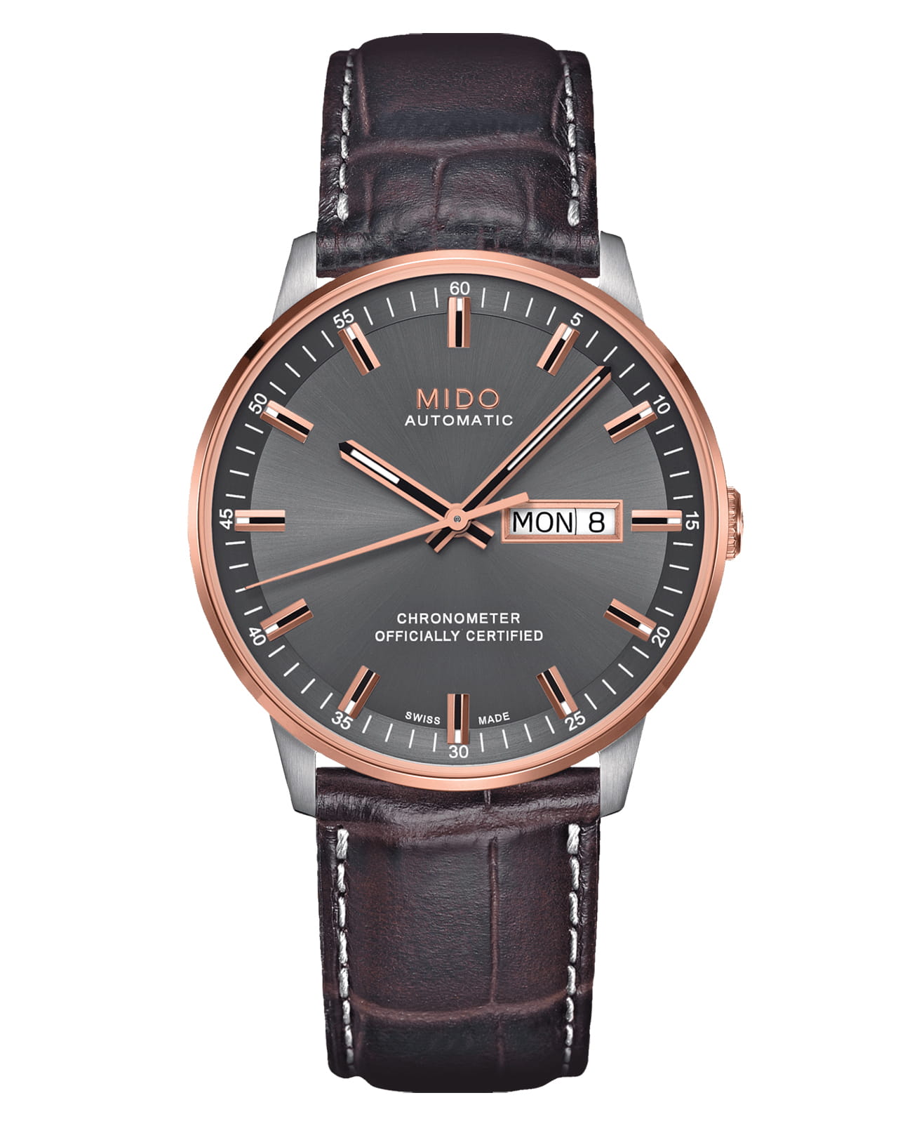 Mido Mido Commander Chronometer M021.431.26.061.00  M0214312606100 механические мужские часы серый циферблат, браслет кожаный — вид спереди