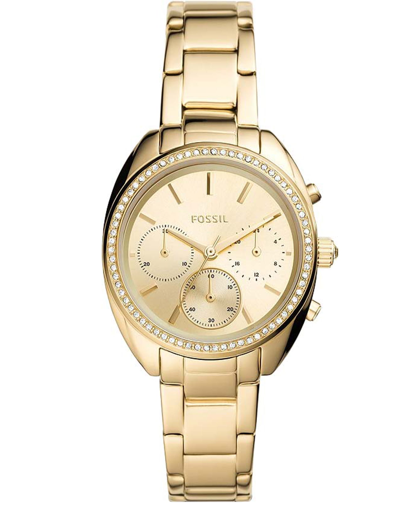 Fossil Fossil FB-02  BQ3658  BQ3658 кварцевые женские часы золотой циферблат, браслет нержавеющая сталь — вид спереди