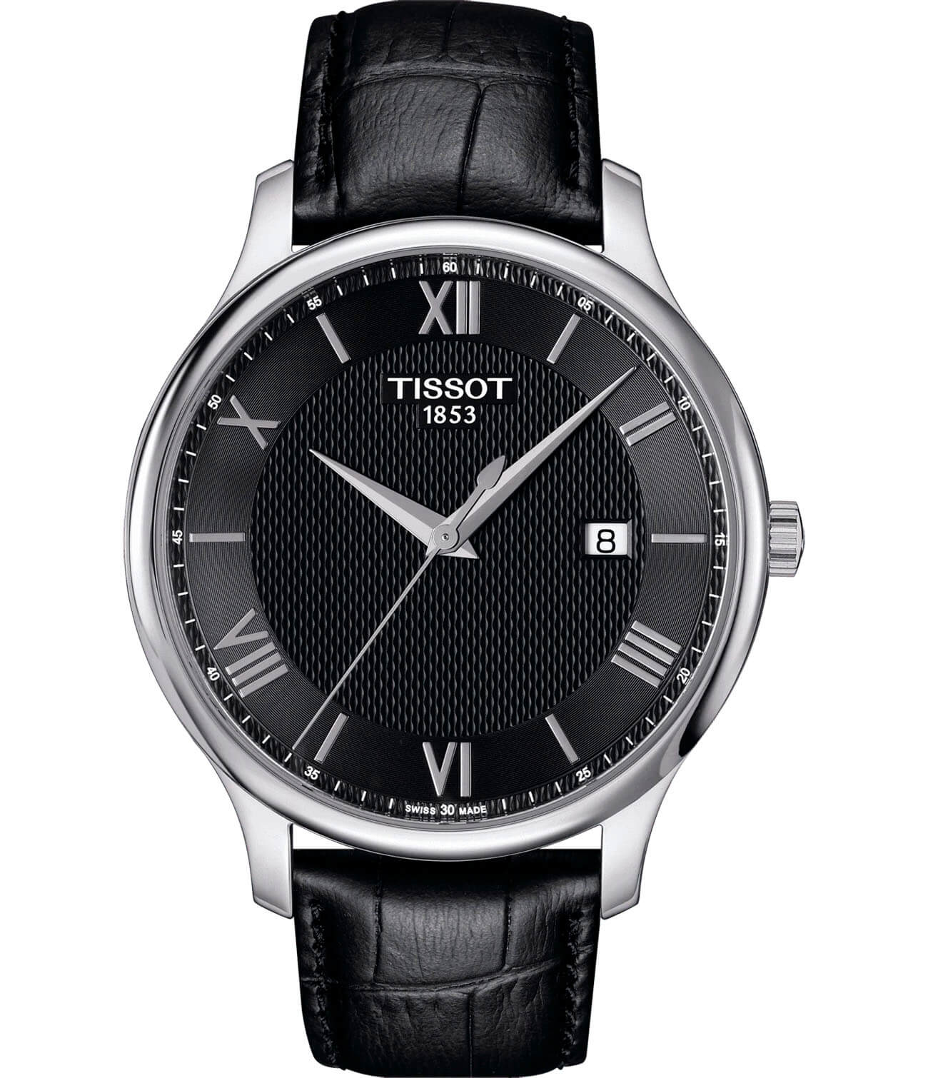 Tissot Tissot Tradition T063.610.16.058.00 Tradition T0636101605800 кварцевые мужские часы черный циферблат, браслет кожаный — вид спереди