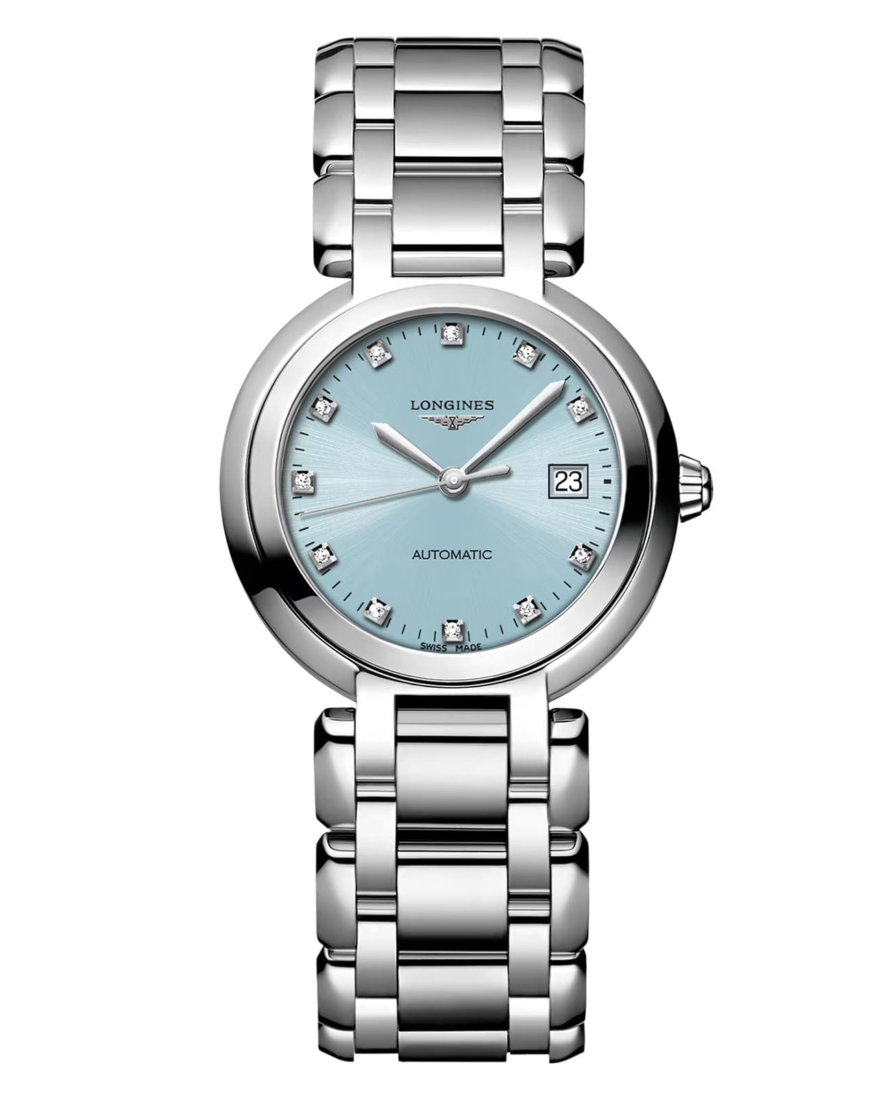 Longines Longines PrimaLuna L8.113.4.90.6  L81134906 механические женские часы голубой циферблат, браслет нержавеющая сталь — вид спереди