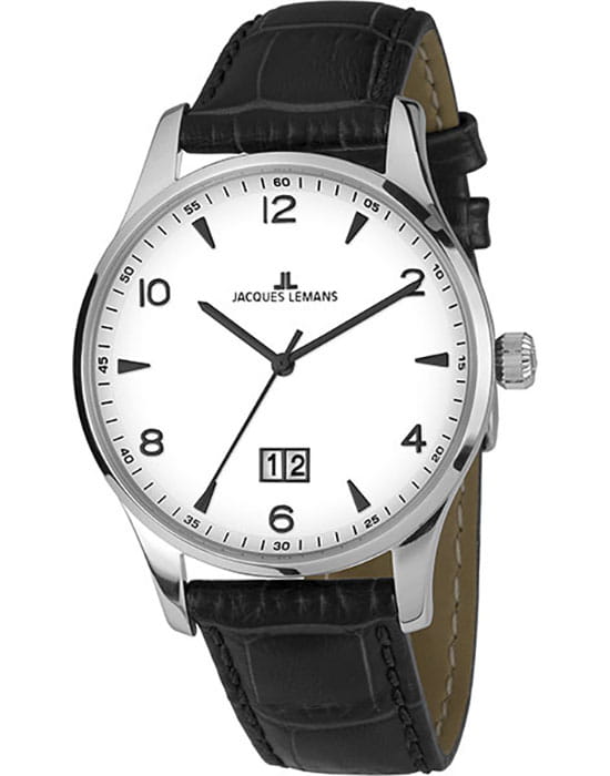 Jacques Lemans Jacques Lemans 1-1862ZB  1-1862ZB кварцевые мужские часы белый циферблат, браслет кожаный — вид спереди
