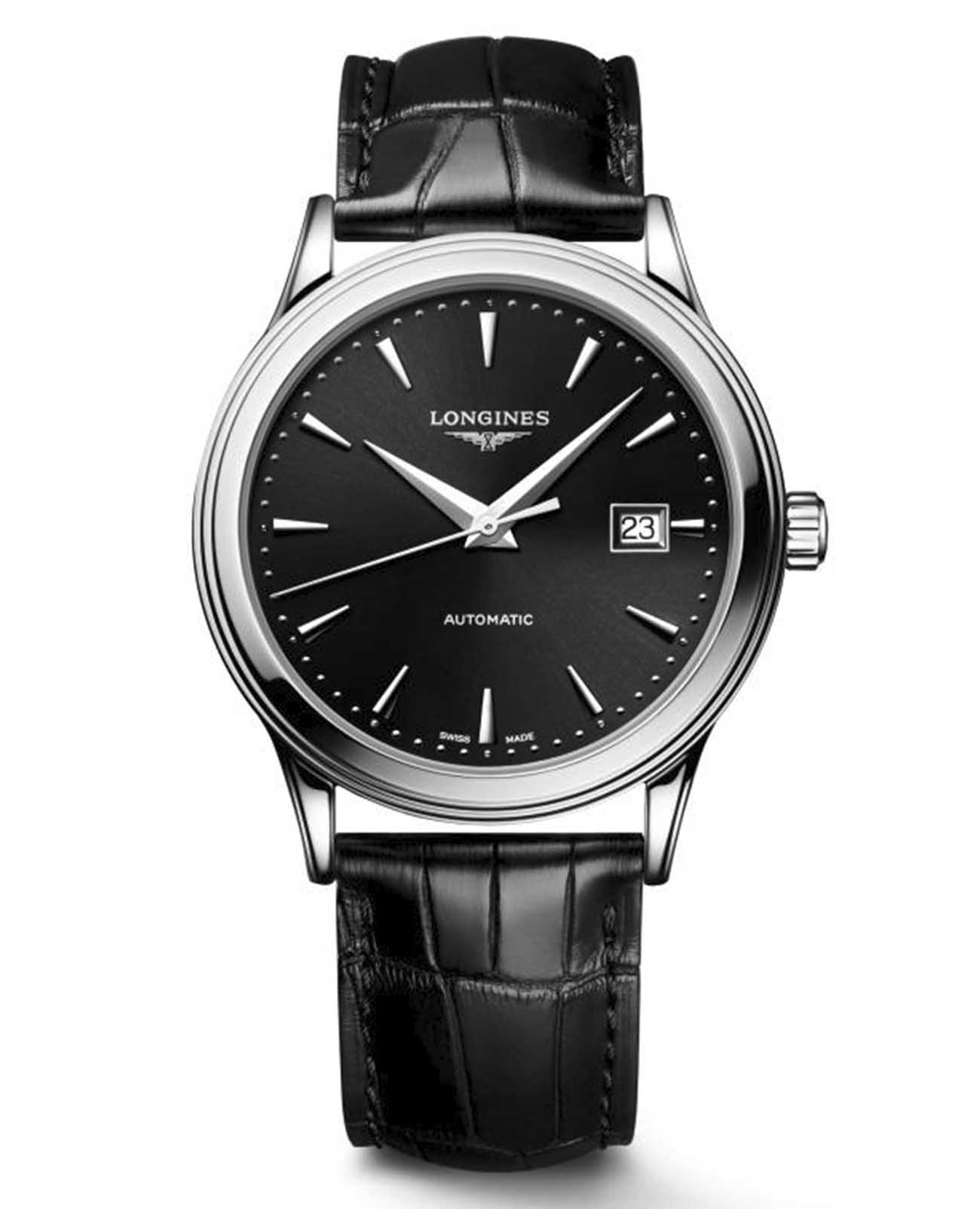 Longines Longines Flagship L4.984.4.59.2  L49844592 механические мужские часы черный циферблат, браслет кожаный — вид спереди