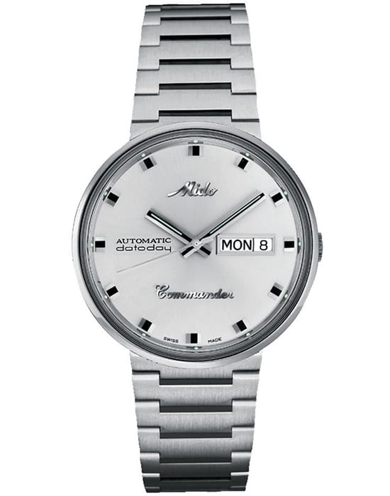 Mido Mido Commander 1959 M8429.4.21.23  M842942123 механические мужские часы белый циферблат, браслет нержавеющая сталь — вид спереди