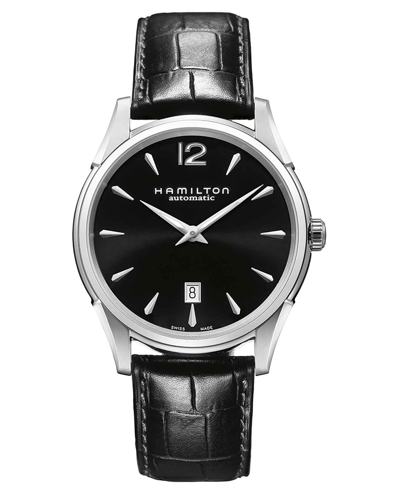 Hamilton Hamilton Jazzmaster Slim Auto H38615735  H38615735 механические мужские часы черный циферблат, браслет кожаный — вид спереди