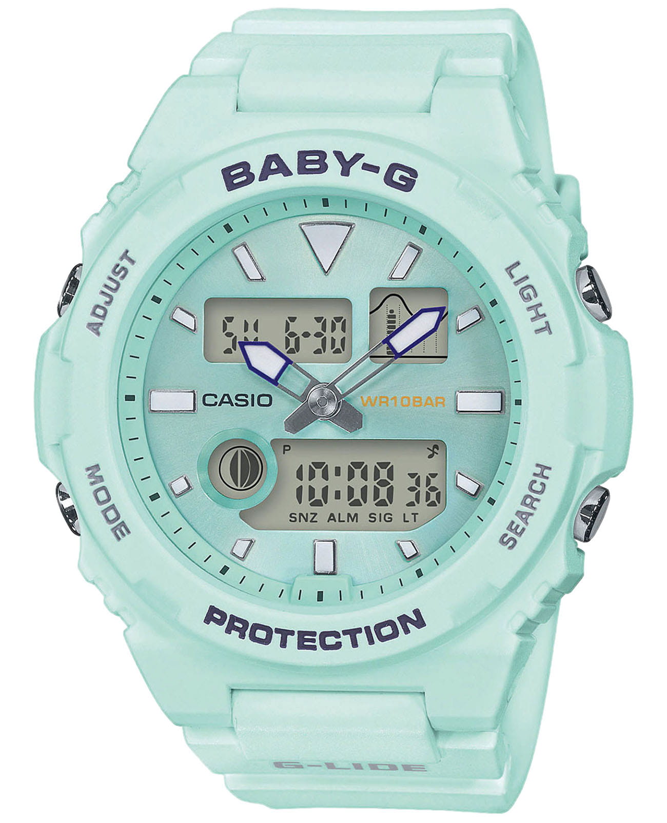 Casio Casio Baby-G G-Lide BAX-100-3A  BAX-100-3A кварцевые женские часы зеленый циферблат, браслет пластик — вид спереди