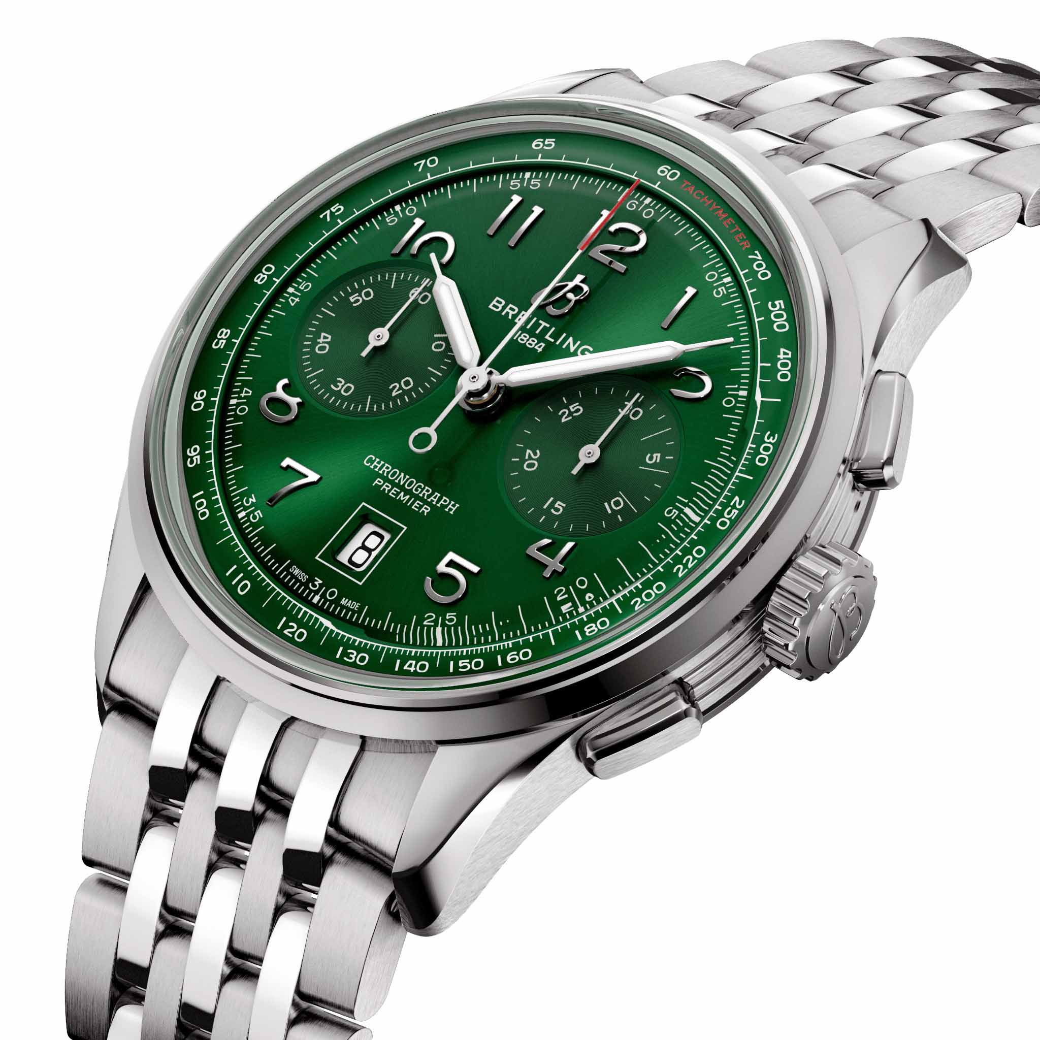 Breitling Breitling Premier B01 Chronograph 42 AB0145371L1A1 механические мужские часы часы крупный план зеленый циферблата