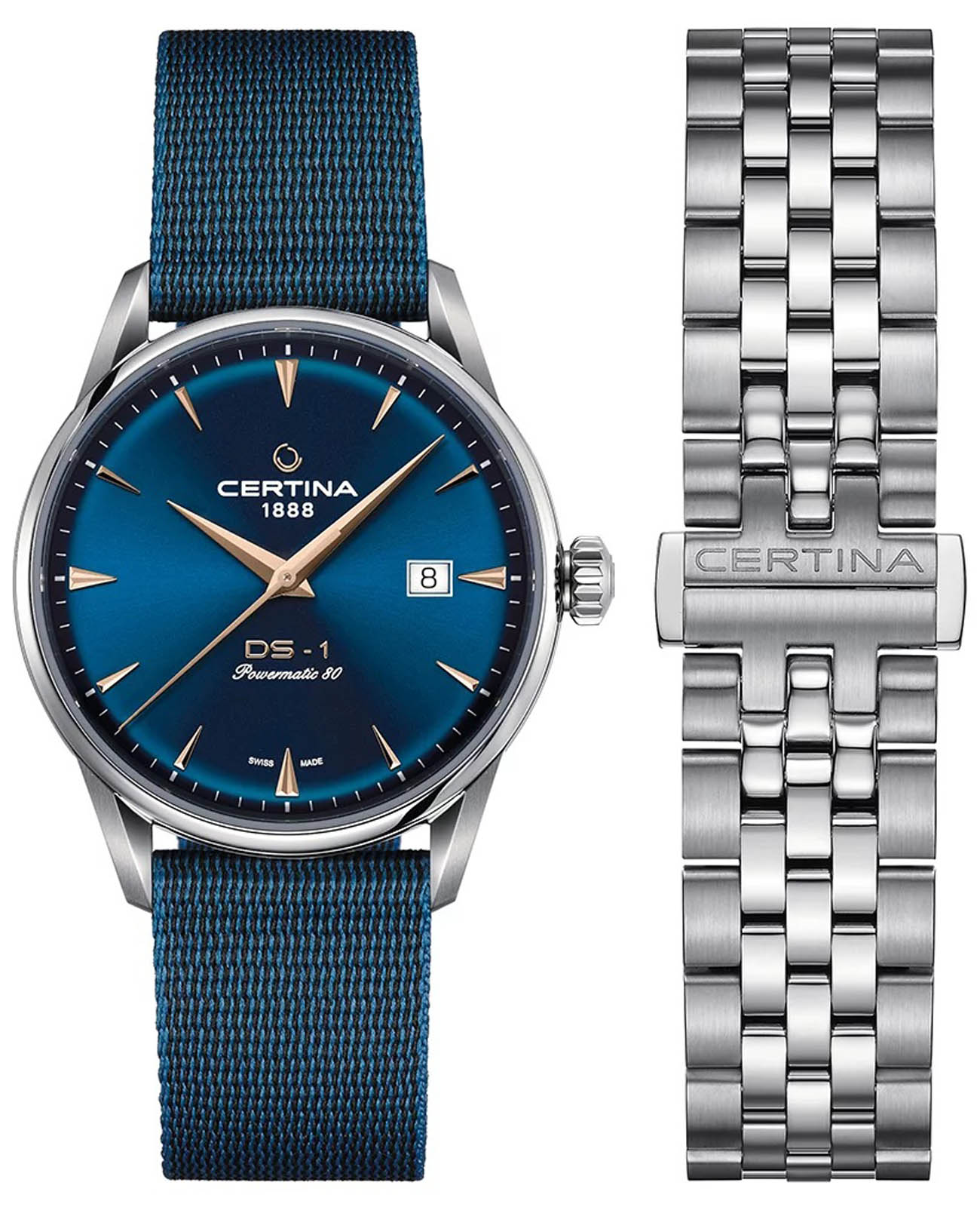 Certina Certina DS-1 Powermatic 80 C029.807.11.041.02 DS 1 C0298071104102 механические мужские часы синий циферблат, браслет нержавеющая сталь — вид спереди