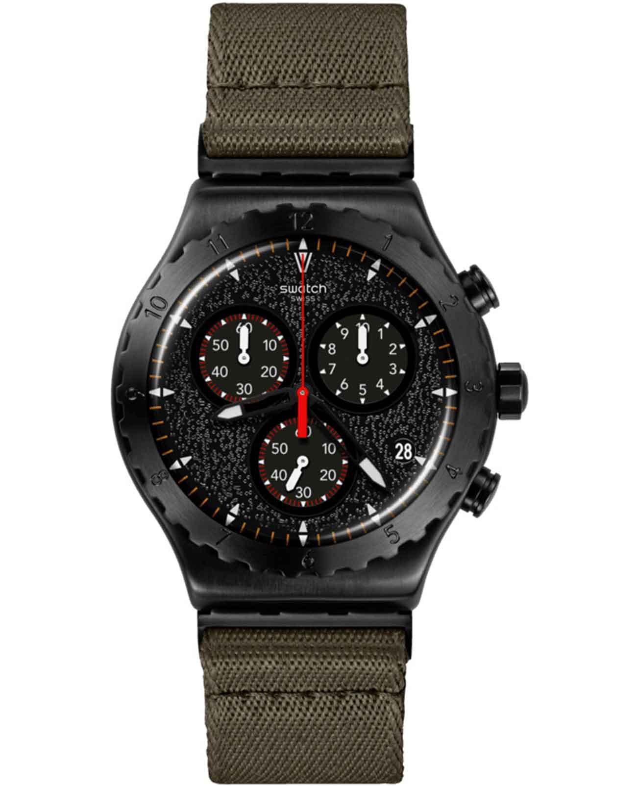 Swatch Swatch I New Chrono YVB416  YVB416 кварцевые мужские часы черный циферблат, браслет тканевый — вид спереди