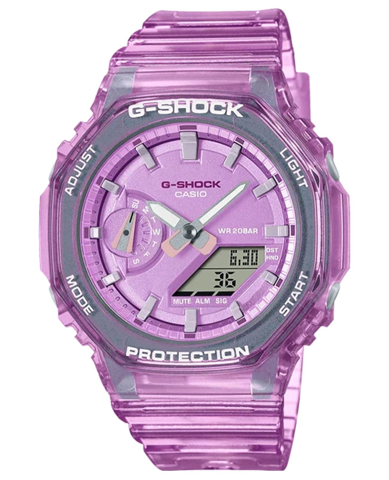 Casio Casio G-Shock GMA-S2100SK-4A  GMA-S2100SK-4A электронные женские часы фиолетовый циферблат, браслет пластик — вид спереди