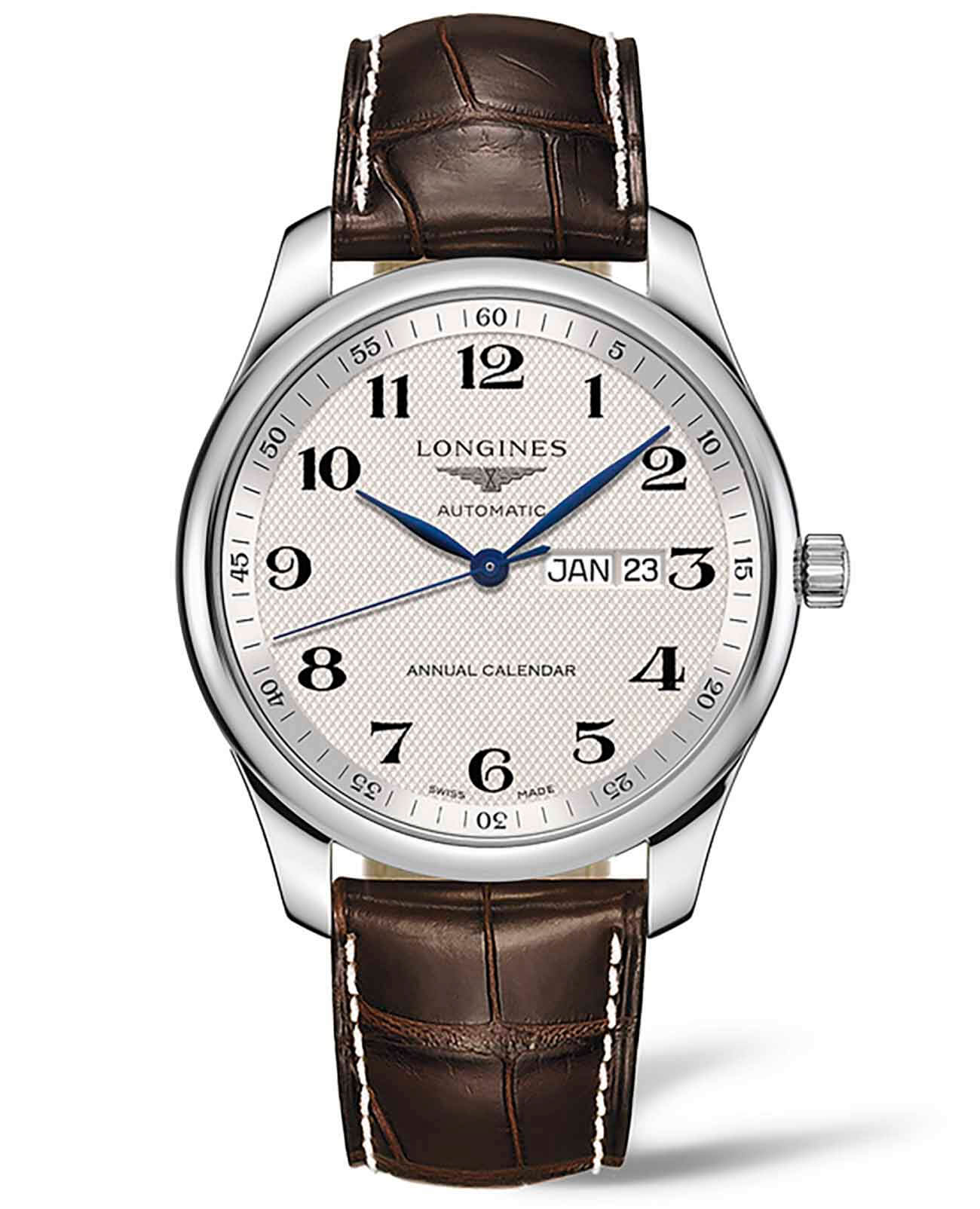 Longines Longines Master Collection L2.920.4.78.5  L29204785 механические мужские часы серебристый циферблат, браслет кожаный — вид спереди