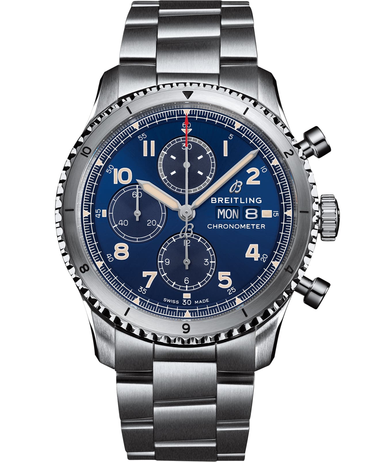Breitling Breitling Aviator 8 Chronograph 43 A13316101C1A1  A13316101C1A1 механические мужские часы синий циферблат, браслет нержавеющая сталь — вид спереди