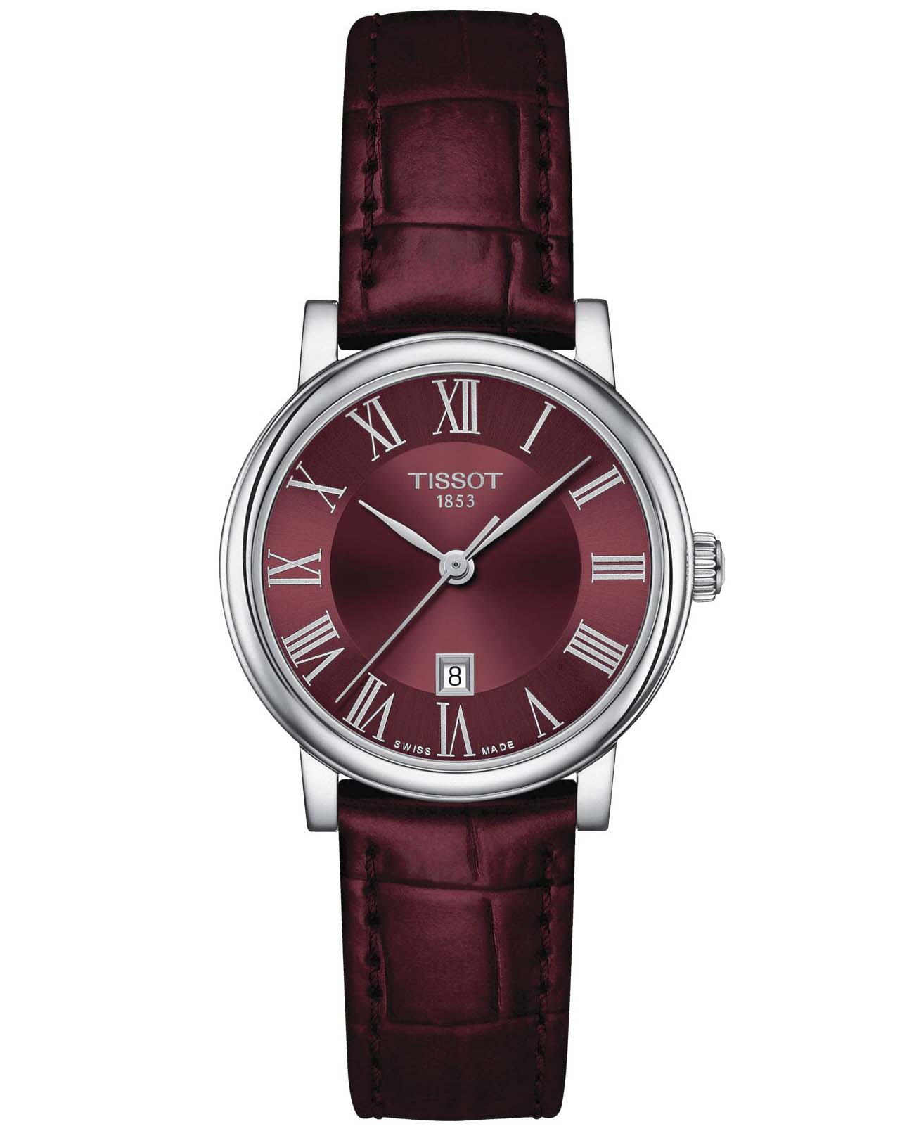 Tissot Tissot Carson Premium Lady T122.210.16.373.00 Carson T1222101637300 кварцевые женские часы бордовый циферблат, браслет кожаный — вид спереди