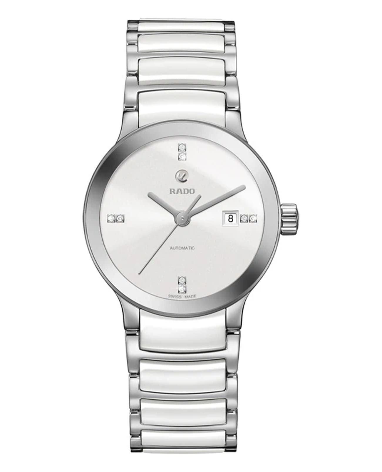 Rado Rado Centrix Automatic Diamonds R30027712 Automatic R30027712 механические женские часы серебристый циферблат, браслет сталь + керамические вставки — вид спереди