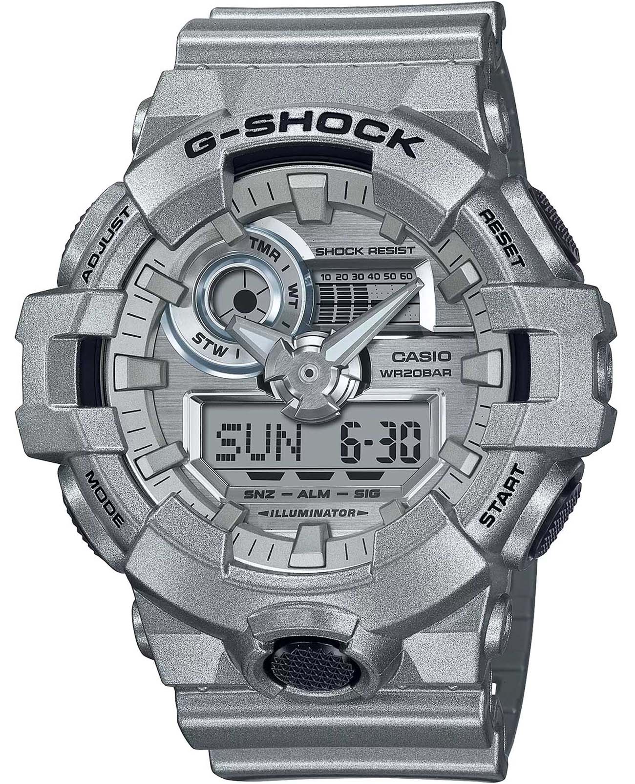 Casio Casio G-Shock GA-700FF-8ADR GA-700 GA-700FF-8ADR электронные мужские часы серебристый циферблат, браслет полимер — вид спереди