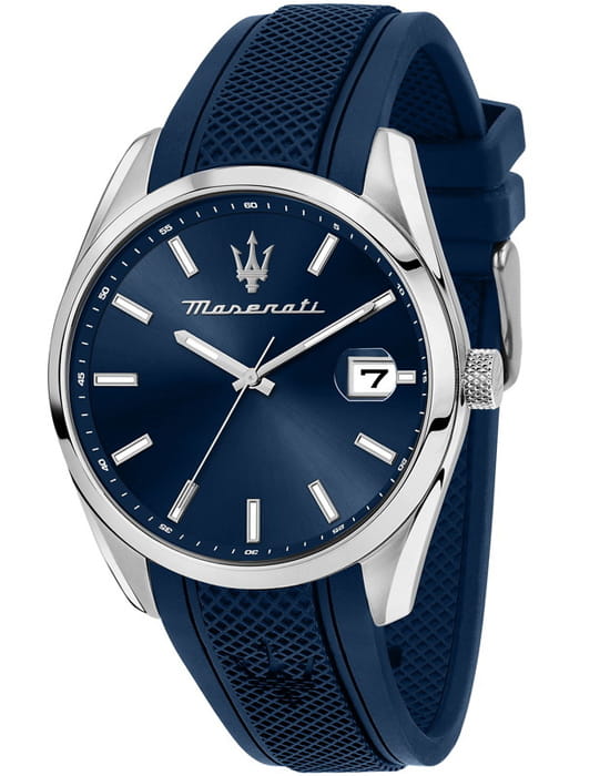 Maserati Maserati Epoca R8851151005  R8851151005 кварцевые мужские часы синий циферблат, браслет силикон — вид спереди
