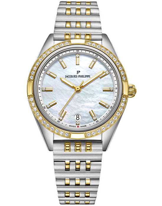 Jacques Philippe Jacques Philippe Radiante JPQLS687388YG  JPQLS687388YG кварцевые женские часы перламутровый циферблат, браслет нержавеющая сталь с pvd-покрытием — вид спереди
