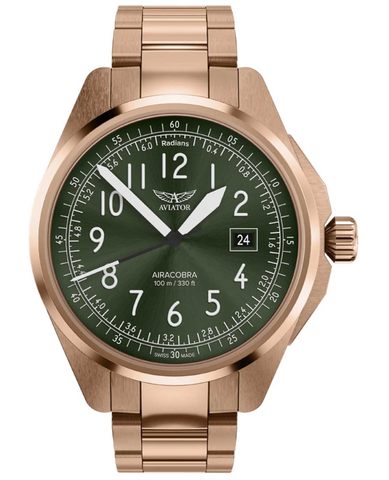Aviator Aviator Airacobra V.1.38.2.324.5  V.1.38.2.324.5 кварцевые мужские часы зеленый циферблат, браслет нержавеющая сталь с pvd-покрытием — вид спереди