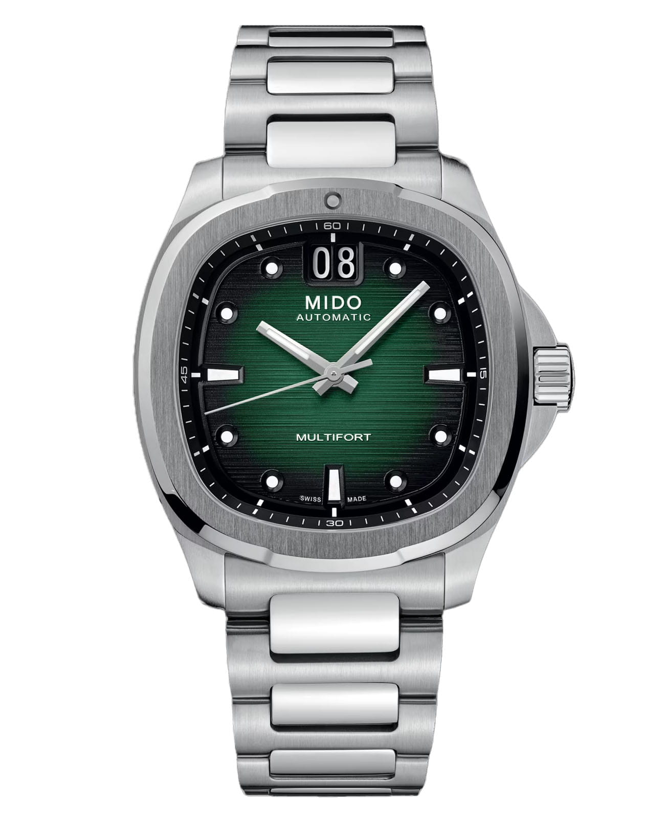 Mido Mido Multifort TV Big Date M049.526.11.091.00  M0495261109100 механические мужские часы зеленый циферблат, браслет нержавеющая сталь — вид спереди
