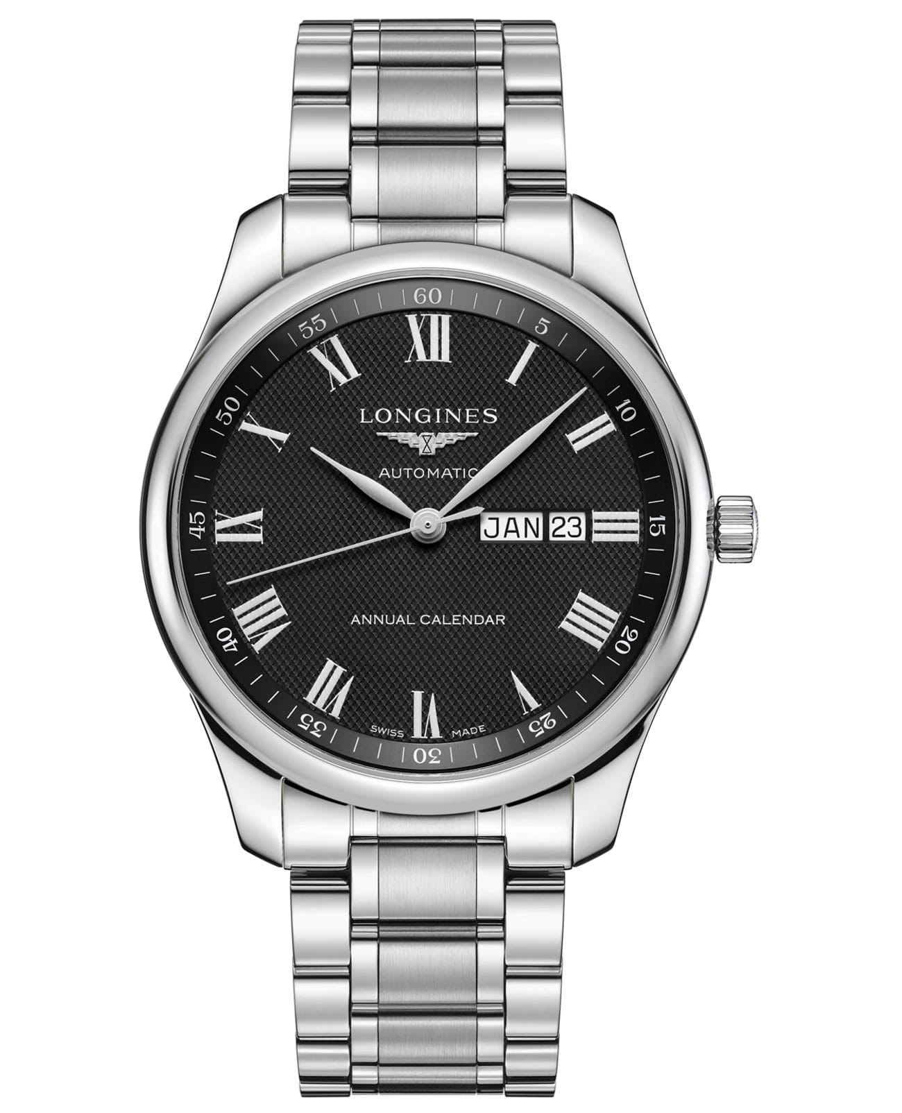 Longines Longines Master Collection L2.920.4.51.6  L29204516 механические мужские часы черный циферблат, браслет нержавеющая сталь — вид спереди