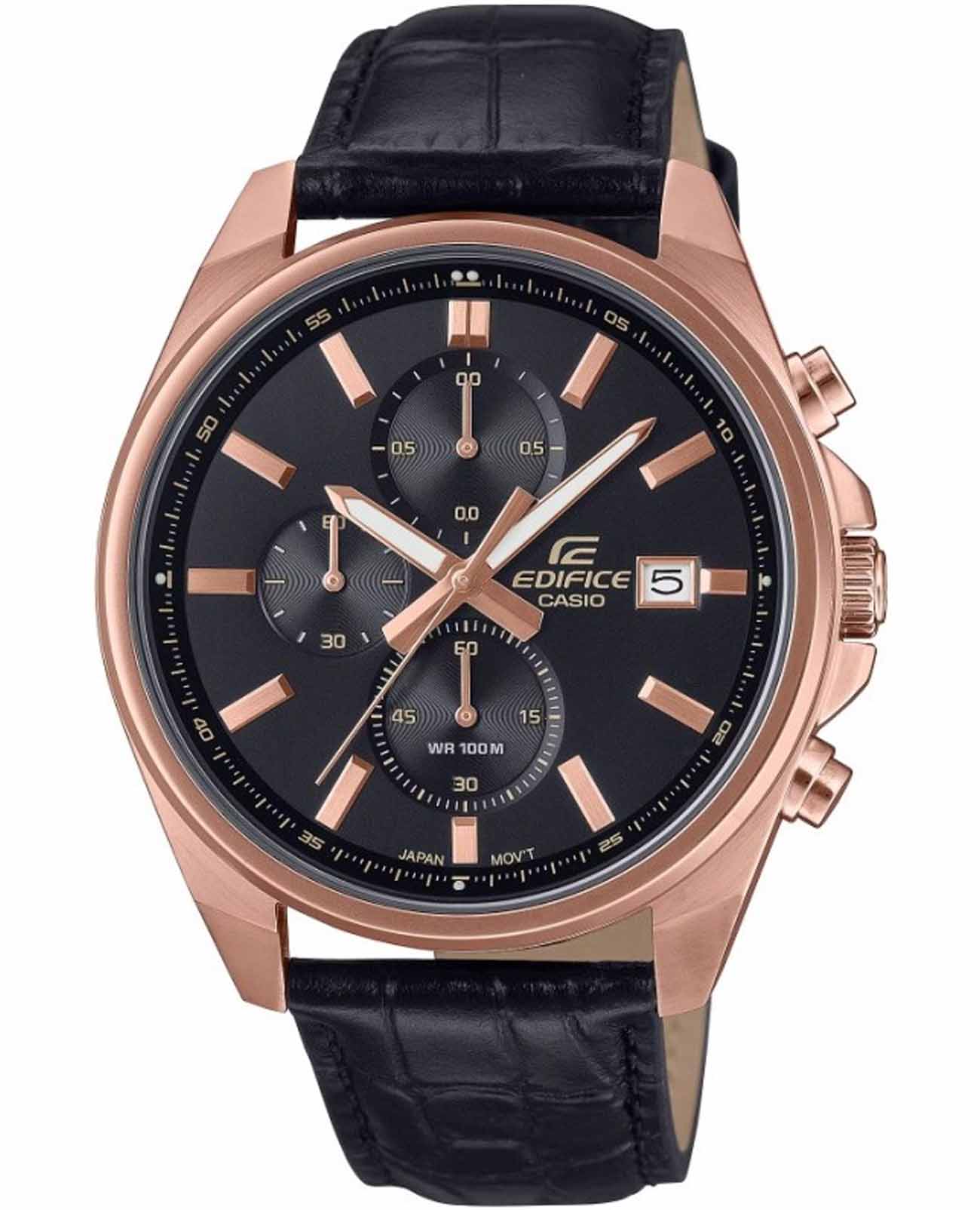 Casio Casio Edifice EFV-610ECL-1A EFV EFV-610ECL-1A кварцевые мужские часы черный циферблат, браслет кожаный — вид спереди